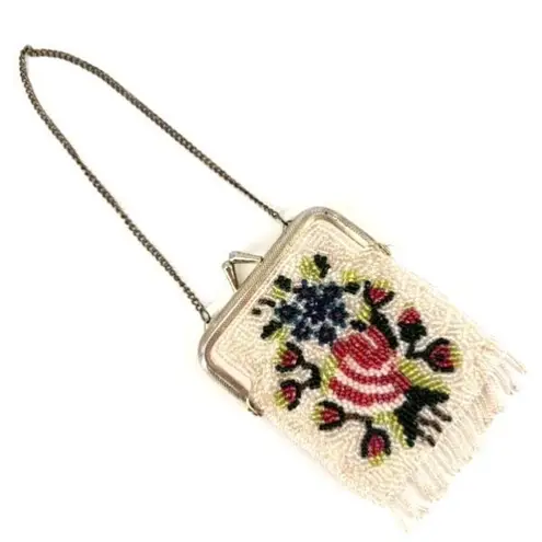 Vintage Women's Floral Beaded Fringe Chain Strap Mini Purse Multicolor