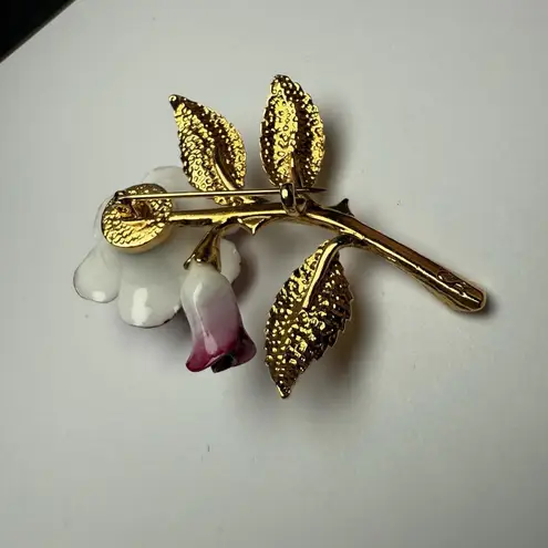 Pink & White Porcelain Rose Bud Flower Stem Brooch Pin Gold Tone Signed CR