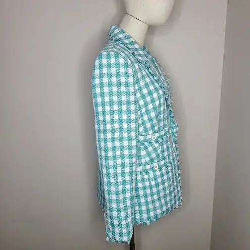 CeCe Tweed Checkered Fringe Pockets Green White Blazer Jacket Size 10