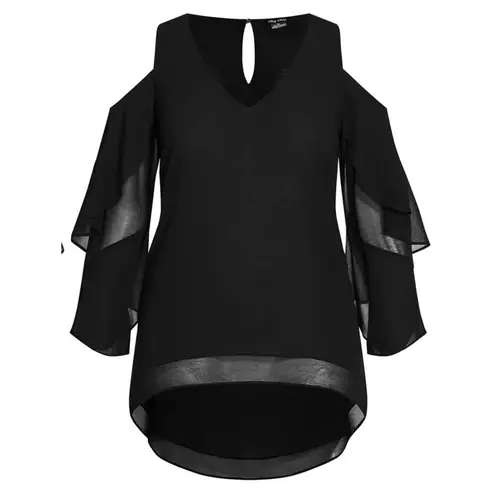City Chic Chiffon Ruffled High Low Tunic Blouse Cold Shoulder Cascading NEW L