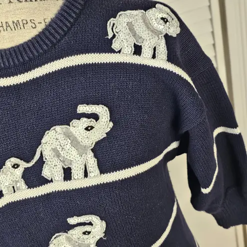Vintage The Glory B By Gloria Furman Navy Embellished Elephant Sweater Medium Blue