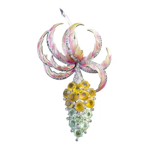 Vintage 1940's Marcel Boucher Grape Brooch Crystal Rhinestone Enamel Pin Pink