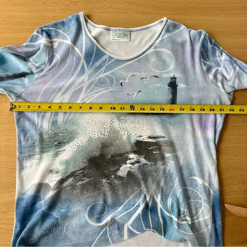 Cactus Bay Ocean Lighthouse Top Sz L 100% Cotton USA Blue Y2K Bling Embellished Size L