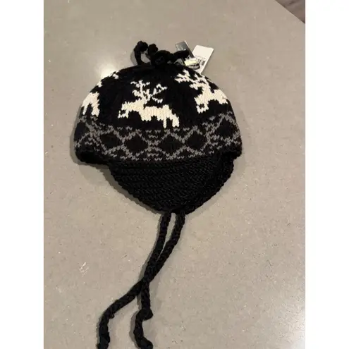 Crown Cap Winter Hat Black White Reindeer Fair Isle Earmuff Tassel Knit