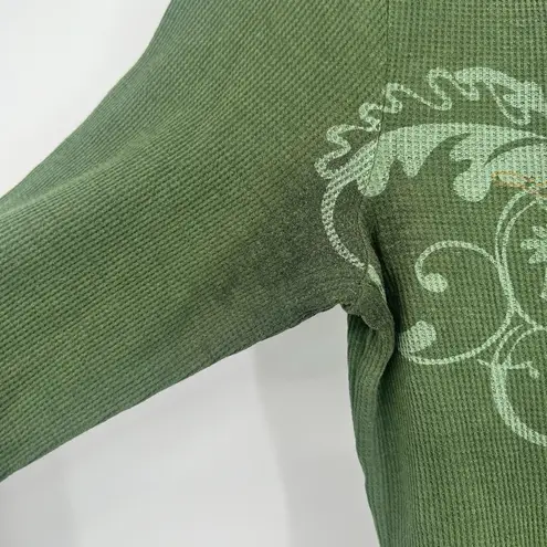 Y2K Green Long Sleeve Waffle Knit Shirt Tunic Large Graphic Size M