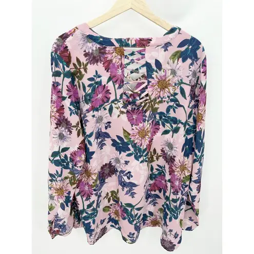 cupio Purple Floral Long Sleeve V-Neck Caged Back Top Women's Size X-Large XL