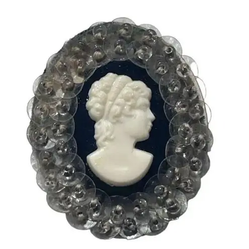 Cameo Brooch Pin Oval Sequin Trim Elegant Classic Style Women's Jewelry White