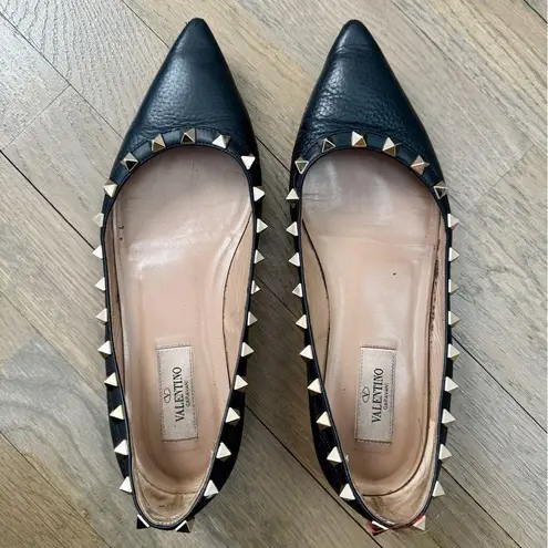 Valentino Garavani Rockstud Ballet Pointed Toe Flats Black Grained Leather US 7
