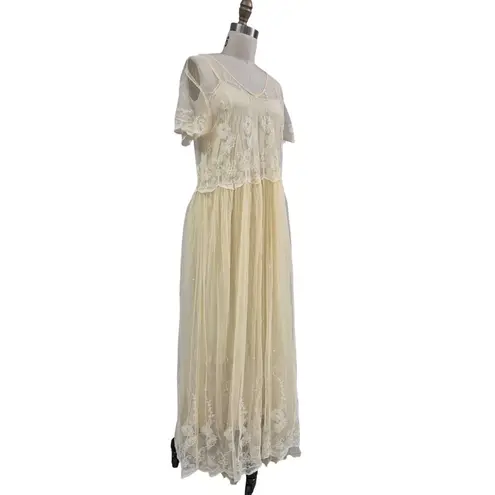 90s April Cornell Hopeless Romantic Boho Creamy Maxi Dress Sheer Mesh Overlay M Size M