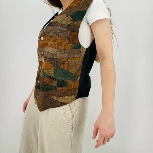 vintage eclectic button down vest patterned earth tone size xl Brown - Image 3