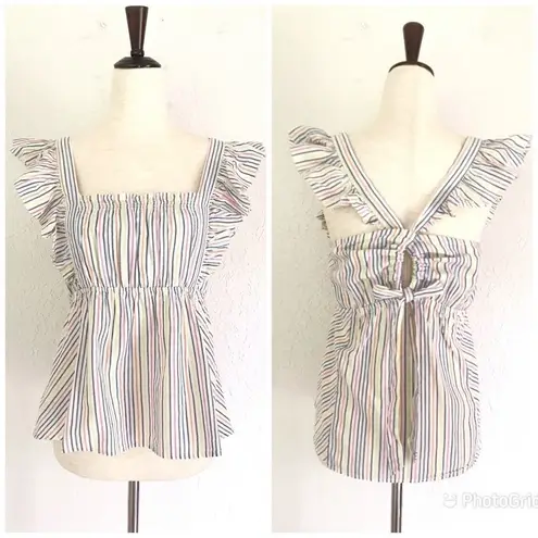 Ella Moss Striped Babydoll Top Square Neckline Flutter Sleeve Medium Large New