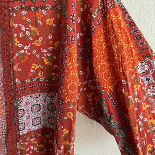 Boho Kimono Cardigan Women’s Large Rust Orange Patchwork Sheer Lightweight Layer