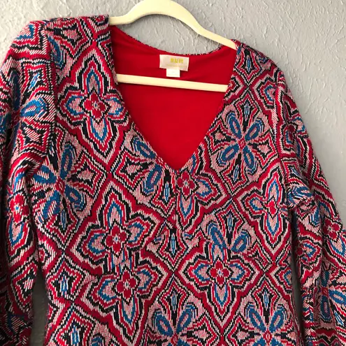 Maeve by Anthropologie Sweater Dress, Large, Red/Blue Knit Pattern 3/4 Sleeves