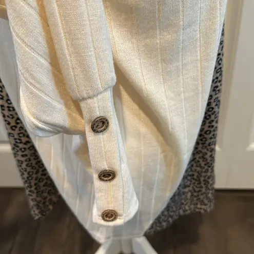 Lovely Melody Cream Leopard Print Mixed Media Cowlneck Sweater Top NWOT Tan Size L