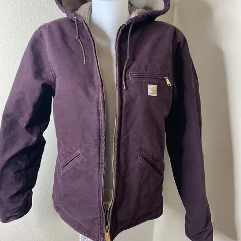 Carhartt Deep Purple Canvas Sherpa Lined Hooded Jacket Coat Sz XS WJ141-DWN