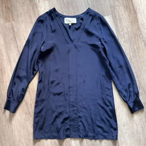 Rory Beca Women's Silk Satin V Neck Long Sleeve Mini Dress Navy Blue Size Medium