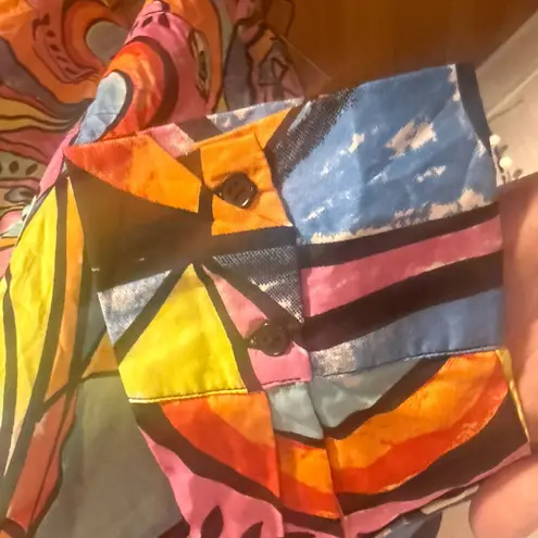 Abstract Face Print Button Front Shirt Dress Boho Art Tunic L Blue Size L