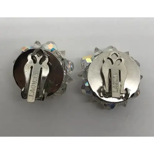 Vintage 1950s Laguna Earrings Aurora Borealis Crystal Bead Clip On Silver Tone