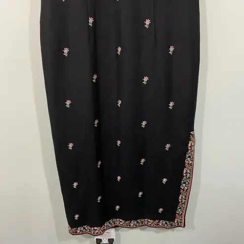 Kenar Vintage Black with Floral Embroidery Linen Blend Halter Maxi Dress Size 14