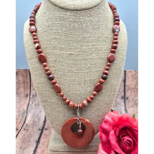 None Artisan 2 Piece Set Red Jasper Natural Stone Pendant Necklace & Wrap Bracelet