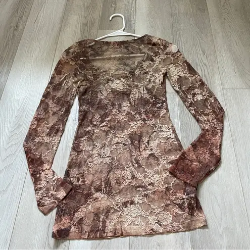 Y2K Lace Dress sheer mesh long sleeve bodycon womens Brown (small) romantic club Tan