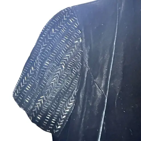 Stunning Velvet Sequin Short Sleeve Full Length Dress W/Sexy High Slit Vintage 8 Black