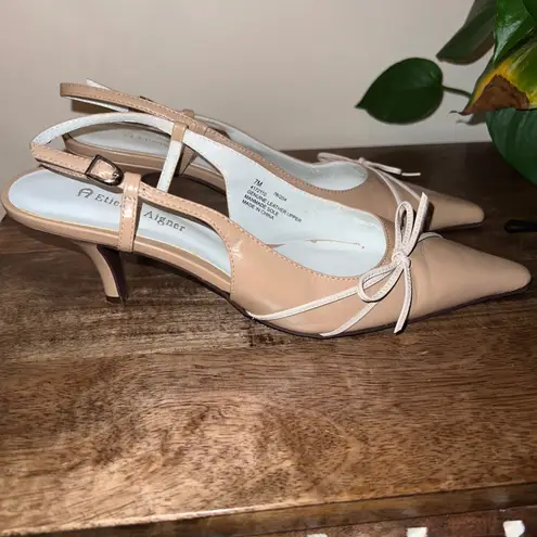 Etienne Aigner Womens 7 Leather Florad Beige Slingback Kitten Heel Pointed Toe