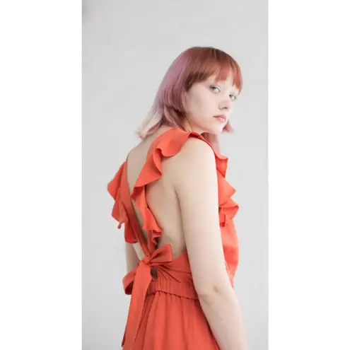 Ulla Johnson Viola Ruffled Linen Wide Leg Jumpsuit in Chili Pockets Size 8