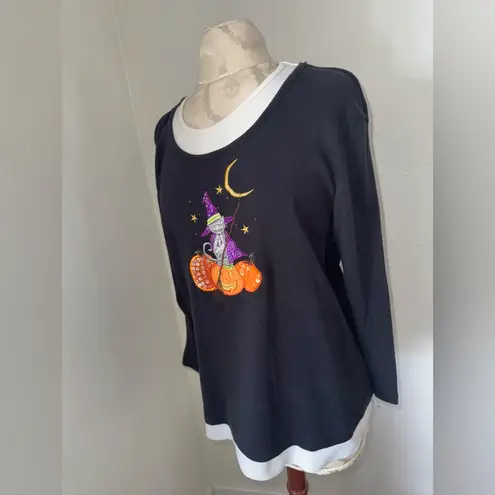 Vintage 90s White Stag Womens Halloween Top Cat Pumpkin Moon Graphic Size XL Black