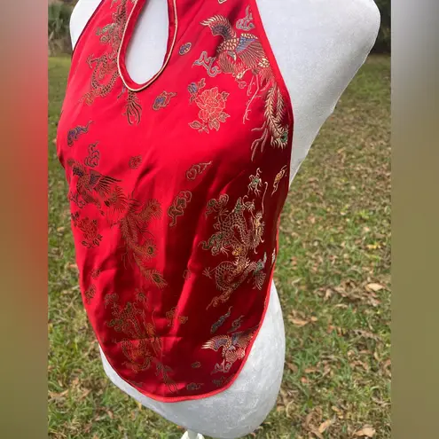Asian inspired red satin dragon phoenix keyhole neckline back tie halter top. Size M