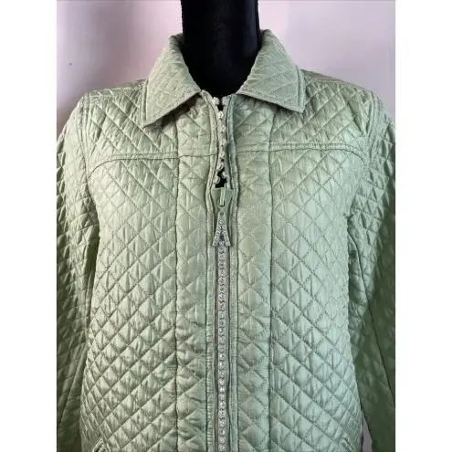 Quacker Factory  Small Green Pink Quilted 100% Silk Jacket‎ Coat Full Zip NEW