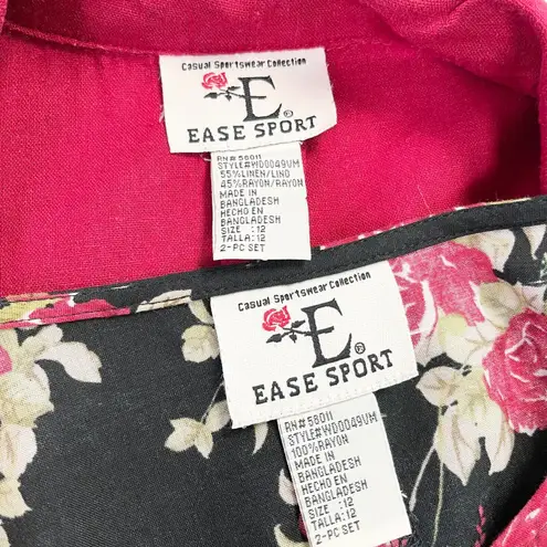 Ease Sport Dress Set Women 12 Dark Floral Linen Rayon Cottagecore Feminine Retro Red