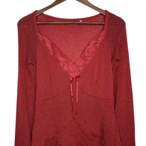 Y2K Rinascimento Babydoll Knit Top M Italian Ruffled Lace Trim Burgundy Red Bows Size M