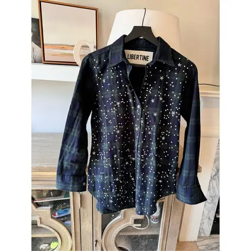 Libertine "Longfellow's Light of Stars" Crystal Embellished Shirt in Tartan Flan Blue