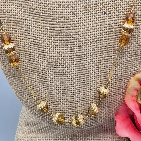 Vintage ACT II Gold Tone & Amber Color Bead Bar Link Collar Necklace 22" Dainty