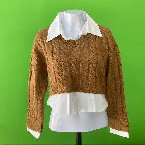 Pilcro Anthropologie Tan Cropped Cable-Knit Twofer Long Sleeve V-Neck Sweater