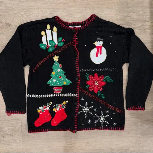 Vintage Victoria Jones Black Holiday Christmas Embroidered Cardigan Sweater