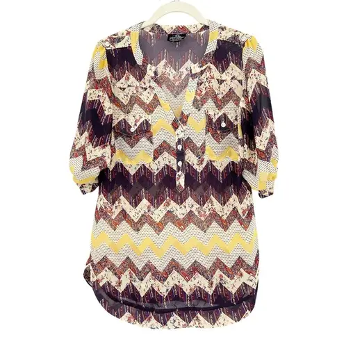 Angie  Womens Boho Mixed Chevron Paisley Print Lightweight Chiffon Blouse Size S