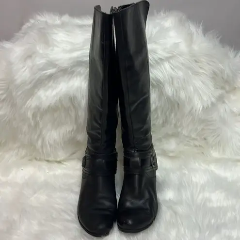 BOC Y2K Black Chunky Block Heel Saddle Belt Leather Tall Boots Size 7 Bin 21 Black