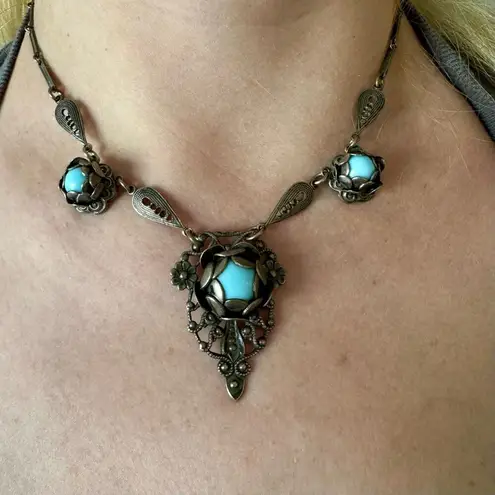 Antique Art Nouveau Silver Tone Czech Glass Blue Chrysoprase Necklace 1890’s