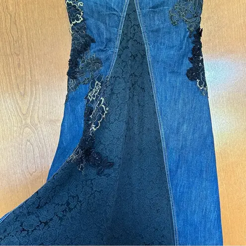 Bebe Long Denim Lace Applique Embellished Maxi Gusset Skirt Y2K Art to Wear