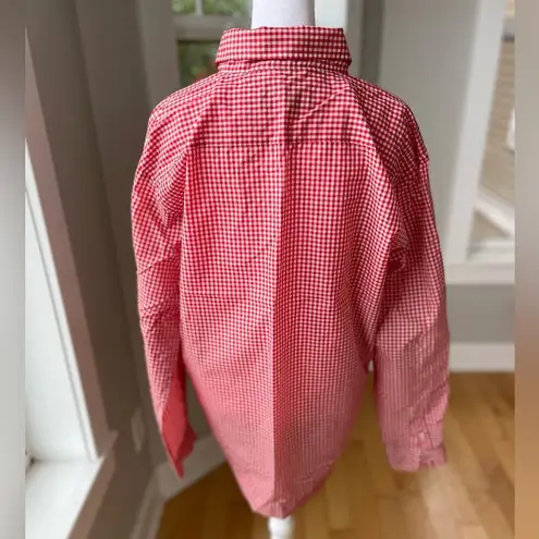 Vintage Obermeyer Red White Gingham Plaid Nylon 1/4 Button Down Fisherman Shirt Size L