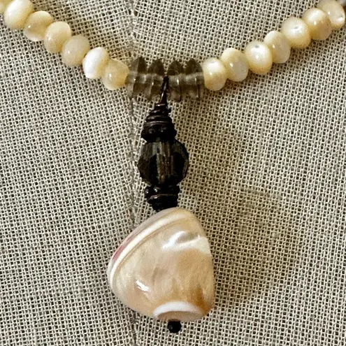 Artisan Mother of Pearl & Smoky Quartz Necklace with Sterling Silver Clasp