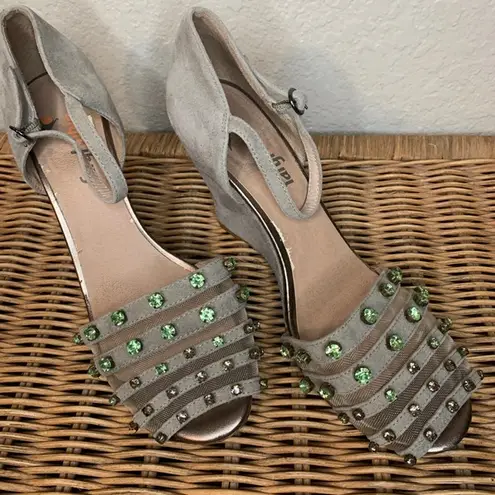 Anthropologie  Faryl Robin Gray Suede Wedges with Jeweled Open Toes Size 8