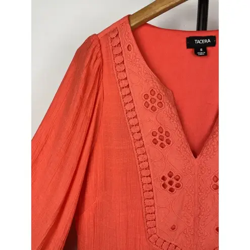 Tacera Coral Orange Embroidered Boho Coastal Knee Length Lightweight Dress Sz S