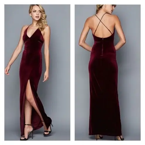 Teeze Me  Womens Velvet Deep V-Neck Slit Long Bridesmaid Dress Burgundy Size 1/2