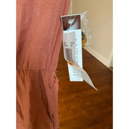 Luxology NWTs Rust Linen Dress Summer Spring Minimalist Button V Neck Boho Beach