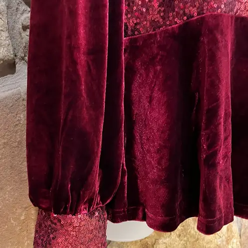 Grace Karin Velour Blouse Top Women Large Maroon Wine Sequins Holiday Party