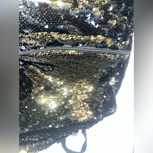 Reversible Black Gold Sequin Pocket Storage Sparkle Shiny AllAround Zip Backpack