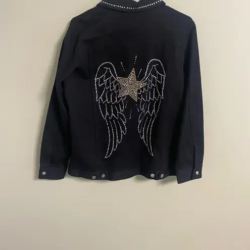 Quacker Factory  Black Denim Jacket Size Small Rhinestones Angel Wings Star